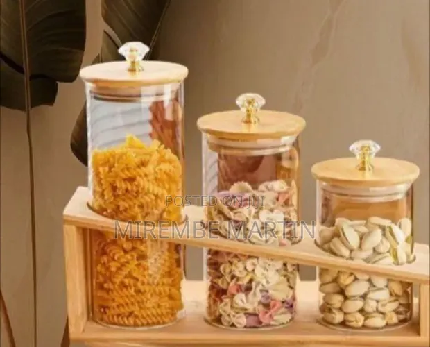 Elegant Three-Piece Diamond-Top Glass Storage Set with Bamboo Stand - 1