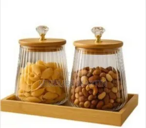 Set of 2 Fluted Glass Storage Jars with Bamboo Tray