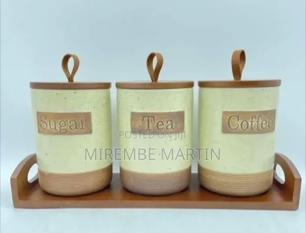 Rustic Kitchen Canister Set with Wooden Tray (Sugar, Tea, Coffee) - 1