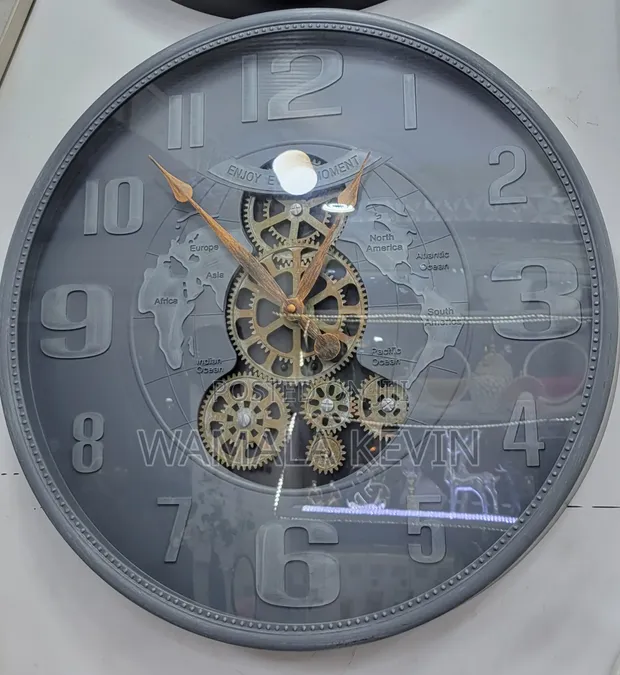 Grey Decorative Wall Clock with World Map and Gears - 1