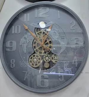 Grey Decorative Wall Clock with World Map and Gears