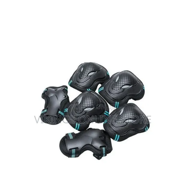 6-Piece Sports Protective Gear Set - Black Pads with Blue Trim - 1