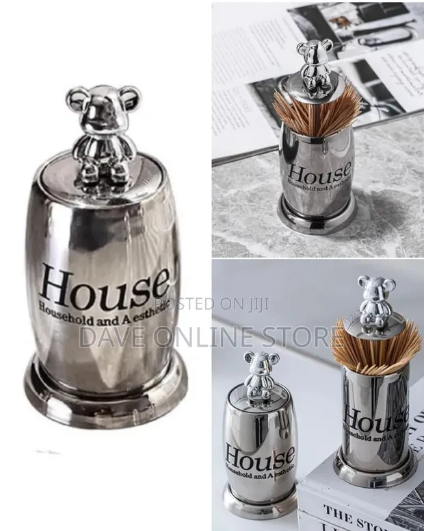 Polished Stainless Steel Toothpick Holder with Bear Figurine - 1