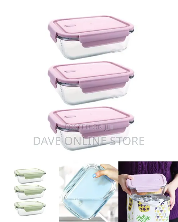 Rectangular Glass Food Storage Containers with Pink Lids - 1