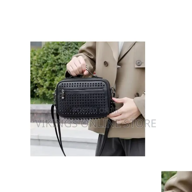Black Faux-Leather Biker Crossbody Bag with Studs - 1