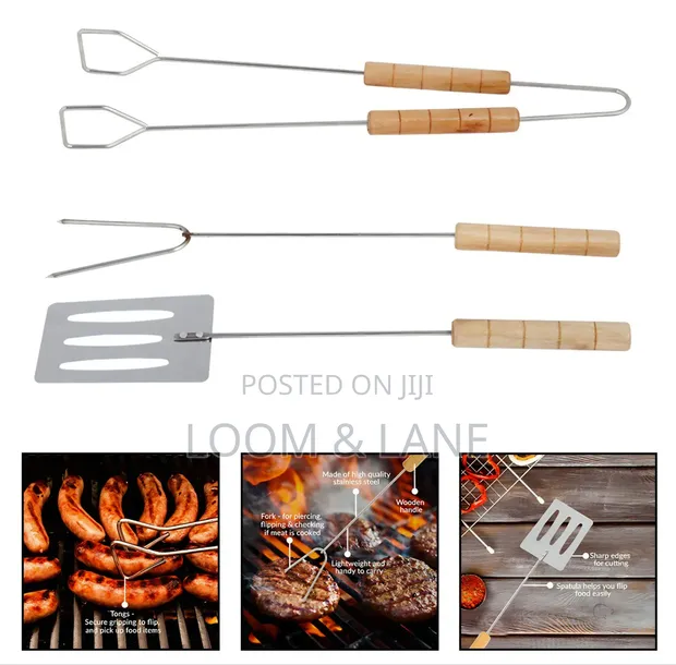 3-Piece Stainless Steel Barbecue Tool Set with Wooden Handles - 1