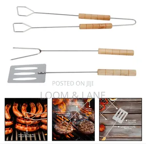 3-Piece Stainless Steel Barbecue Tool Set with Wooden Handles