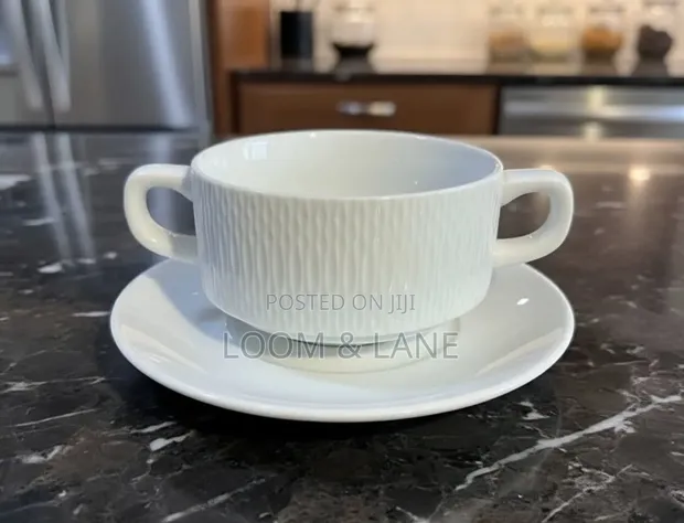 6pcs Ceramic Double-Handled Soup Cup with Saucer - 1