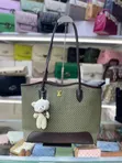 Patterned Tote Bag with Brown Faux-Leather Trim - 1