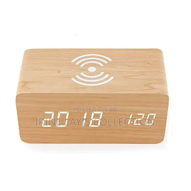 Wooden Digital Alarm Clock with Wireless Charger - 1