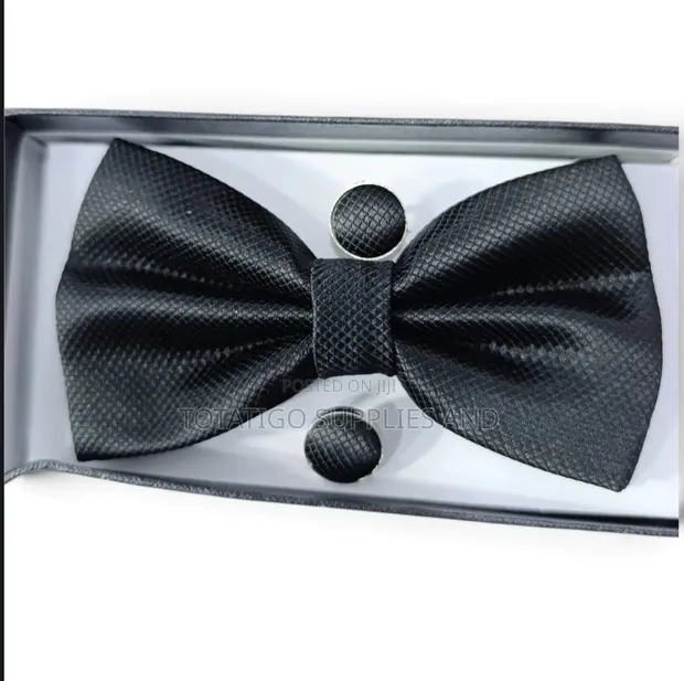 Black Bowtie with Cufflinks and Pocket Hankie - 1