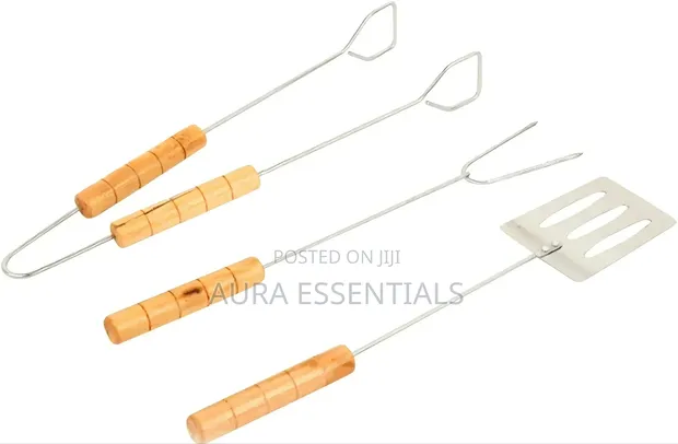 3-Piece Stainless Steel Barbecue Tool Set with Wooden Handles - 1
