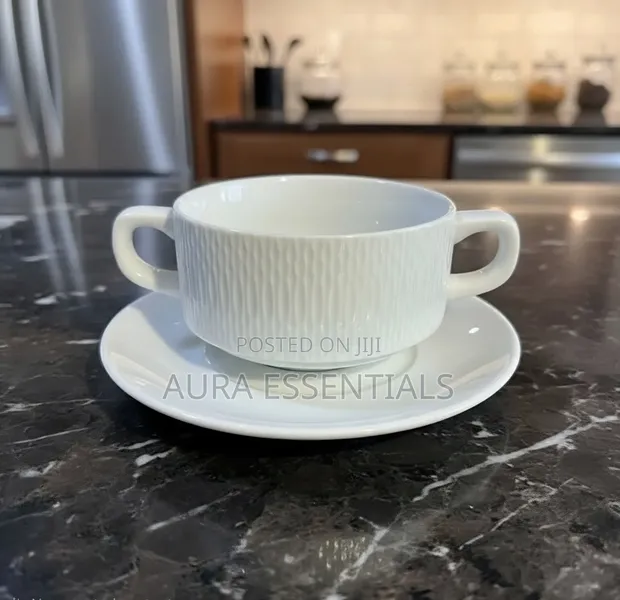 6pcs Ceramic Double-Handled Soup Cup with Saucer - 1