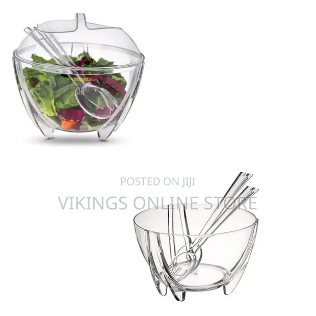 Clear Acrylic Salad Bowl Set with Domed Lid & Serving Utensils - 1