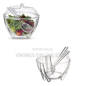 Clear Acrylic Salad Bowl Set with Domed Lid & Serving Utensils