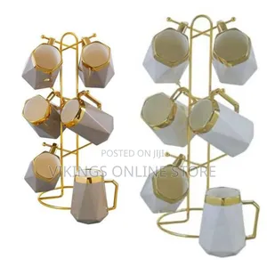 6-Piece Geometric Ceramic Coffee Mug Set with Gold Rim