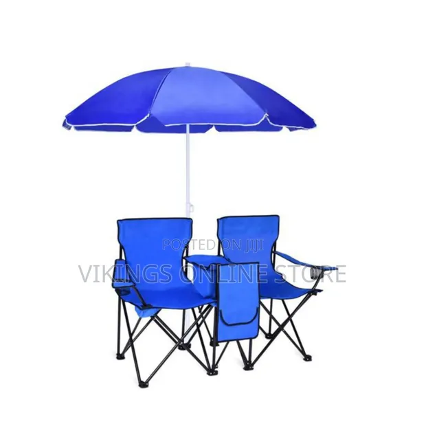 2-Seater Folding Camping Chair with Blue Umbrella - 1