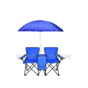 2-Seater Folding Camping Chair with Blue Umbrella
