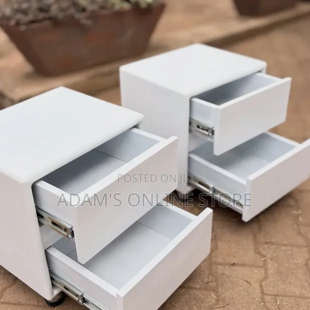 White Wood-Mode Side Bed Table with Drawers - 1