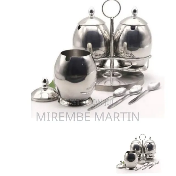 3-Piece Stainless Steel Condiment Set with Stand & Spoons - 1