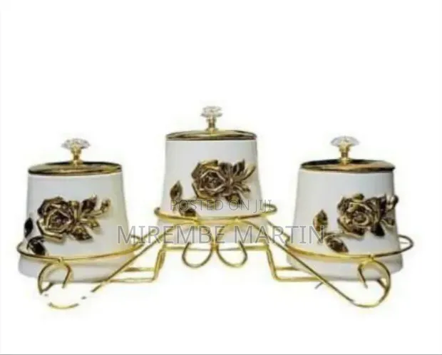 Elegant 3-Piece Ceramic Canister Set with Gold Floral Embellishments - 1