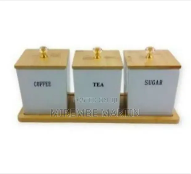 Elegant Coffee, Tea, and Sugar Canister Set with Bamboo Lids and Tray - 1
