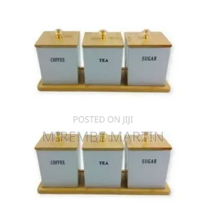 Elegant Coffee, Tea, and Sugar Canister Set with Bamboo Lids and Tray