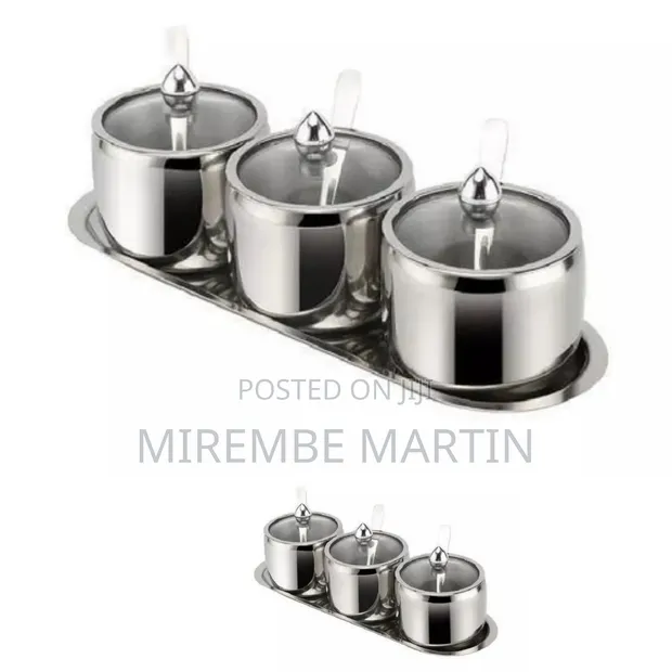 3-Piece Stainless Steel Spice Jar Set with Serving Tray - 1