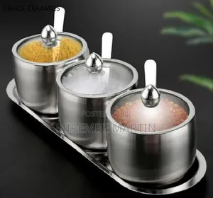 3-Piece Stainless Steel Spice Jar Set with Serving Tray