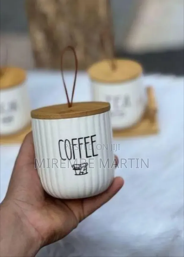 Ceramic Sugar, Coffee, Tea Canister Set with Wooden Tray - 1