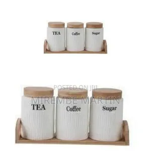 Ceramic Tea, Coffee, and Sugar Canister Set with Wooden Tray