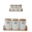 Ceramic Tea, Coffee, and Sugar Canister Set with Wooden Tray - 1