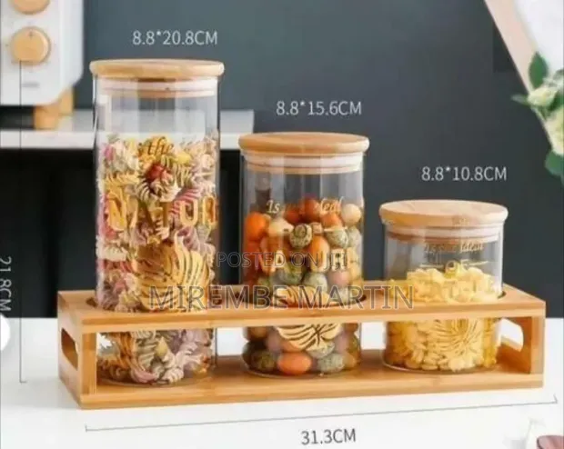 Cylindrical Glass Canister Set with Wooden Lids & Display Rack - 1