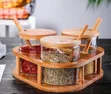3-Piece Rotating Condiment Set with Clear Jars and Wooden Accessories - 2