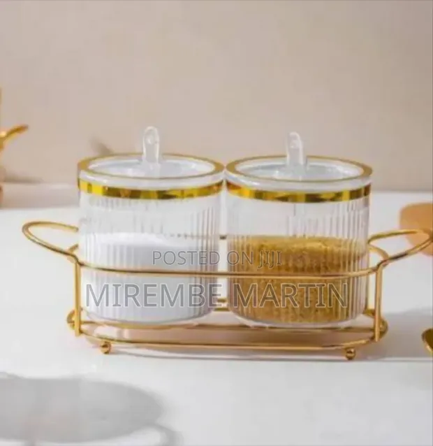 Elegant Fluted Glass Storage Jars Set with Golden Caddy - 1