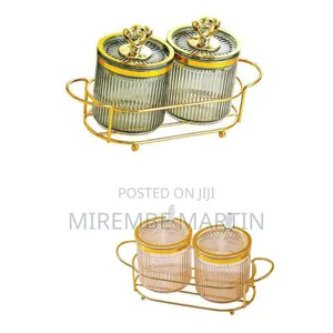 Elegant Fluted Glass Storage Jars Set with Golden Caddy