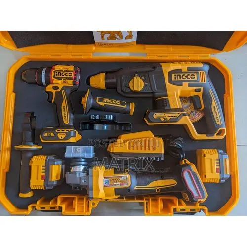 Ingco 20V 3-Piece Cordless Tool Kit: Grinder, Drill, Hammer - 1