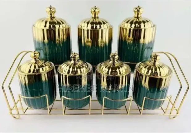 Regal Gold & Black Ceramic Canister Set - 7 Pieces with Metal Rack - 1