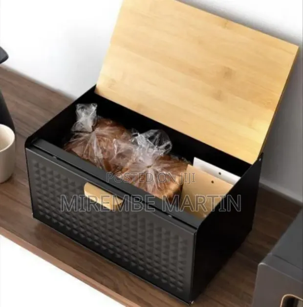 Modern Bread Bin with Natural Wooden Cutting Board Lid - 1