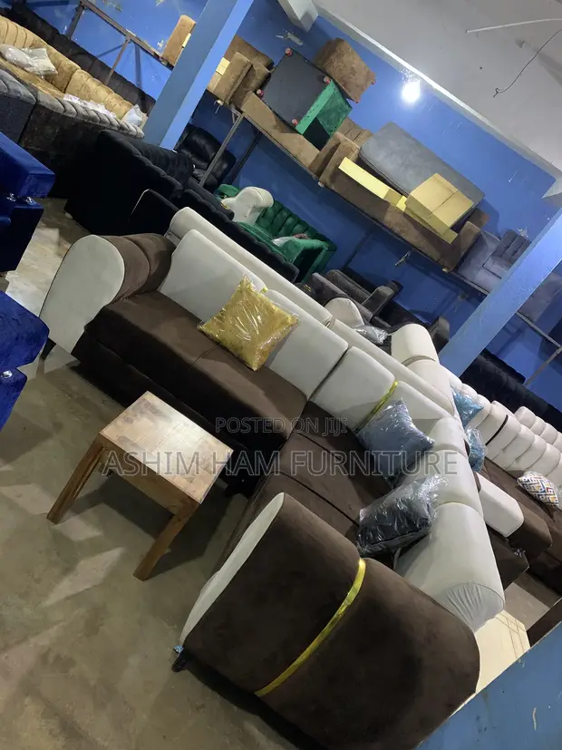 Cream and Brown L Sofa Set - 1