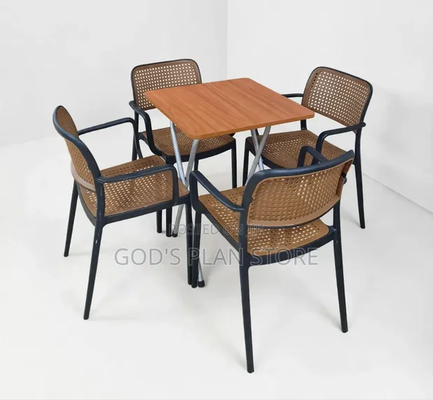 Beige X-Shaped Foldable Dining Table and Chairs - 1