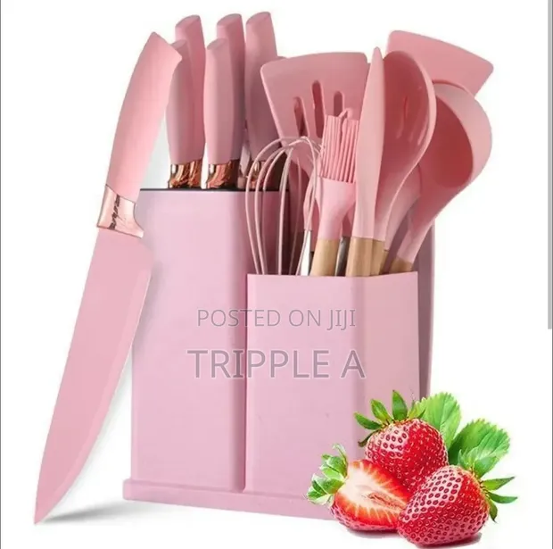19-Piece Pink Kitchenware Set with Holder - 1