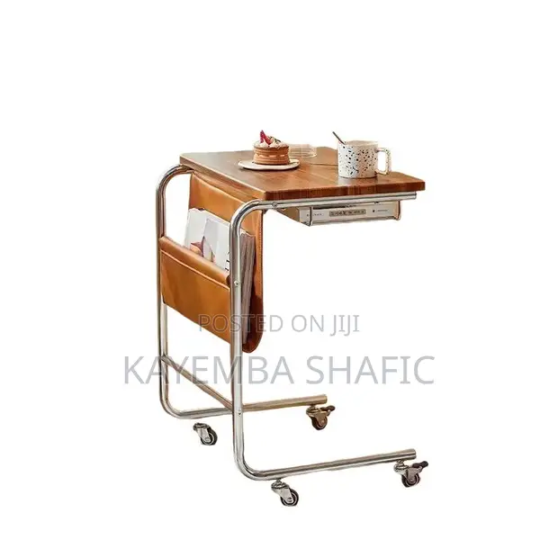 C-Shaped Mobile Rolling Sofa Side Table with Storage Pocket - 1