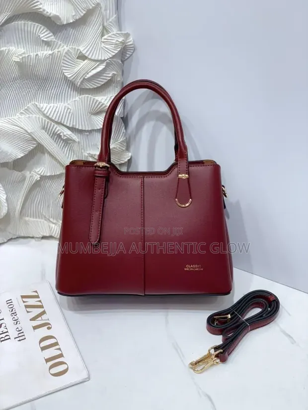 Wine Red Classic Structured Office Handbag with Crossbody Strap - 1