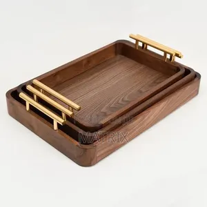 Wooden Serving Tray Set with Gold Metal Handles