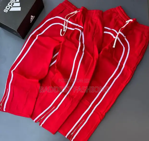 Men's Adidas Red Double Stripe Track Pants with Ankle Zippers - 1