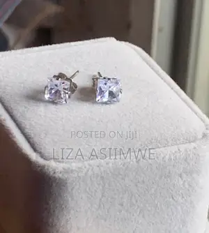 Square Silver-Toned Stud Earrings with Clear Faceted Stone