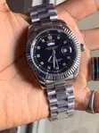 Silver Rolex Watch with Black Dial and Crystal Markers - 2
