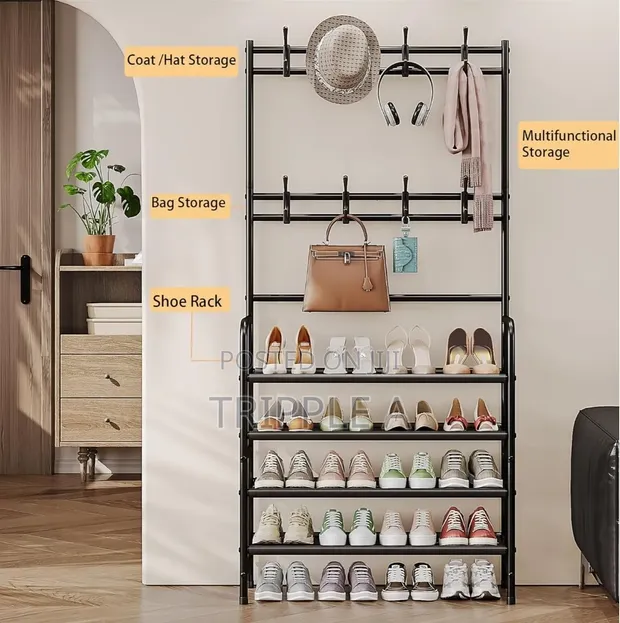 5-Layer Metallic Shoe Rack with Coat Hanger - 1