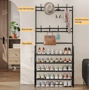 5-Layer Metallic Shoe Rack with Coat Hanger